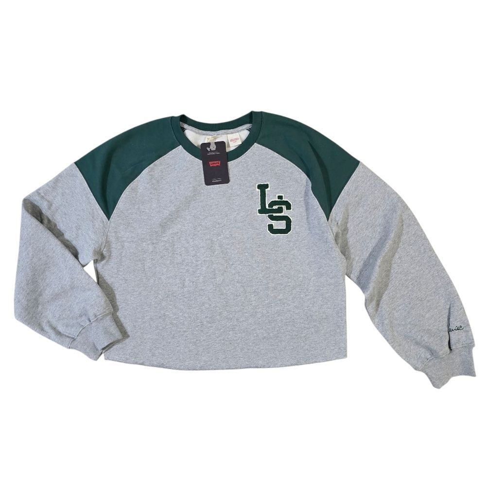Levi's Cropped Varsity Sweatshirt Chenille Logo Grey Green Women's SIze Medium M